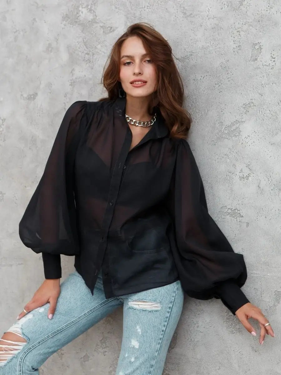 Elegante Damenbluse mit Puffärmeln und transparenten Stoff von berg-feldt