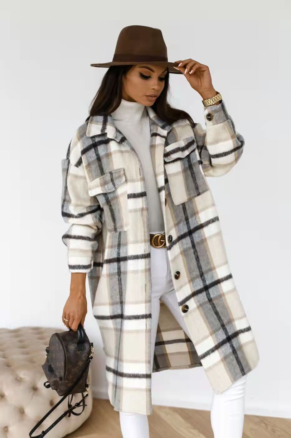 Damen-Manteau chemise oversized à carreaux avec poches pratiques Berg-Feldt
