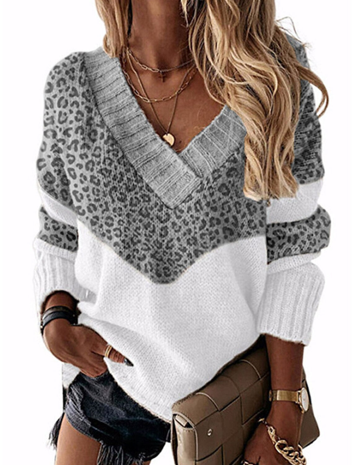Damenmode Pullover en V à motif léopard Berg-Feldt