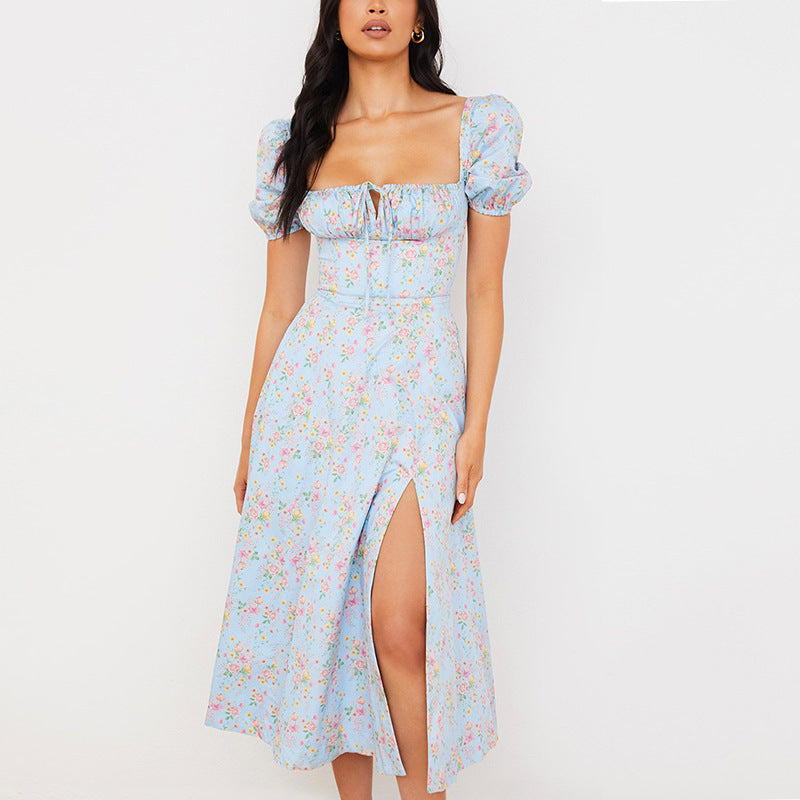 Robe mi-longue pour femme avec manches bouffantes, col en V profond et fente latérale par berg-feldt