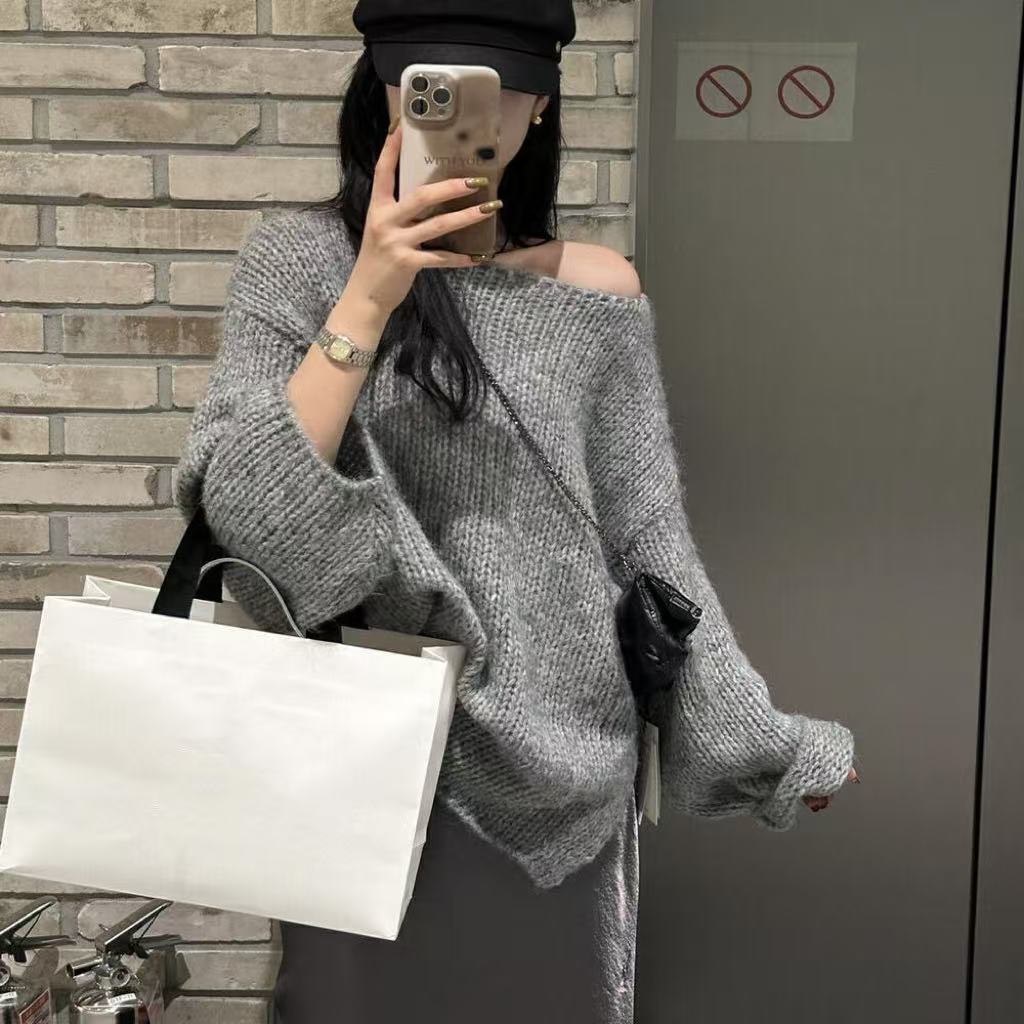 Berg-Feldt | Übergröße Pullover Grobstrick Off Shoulder Langarm Freizeitfit