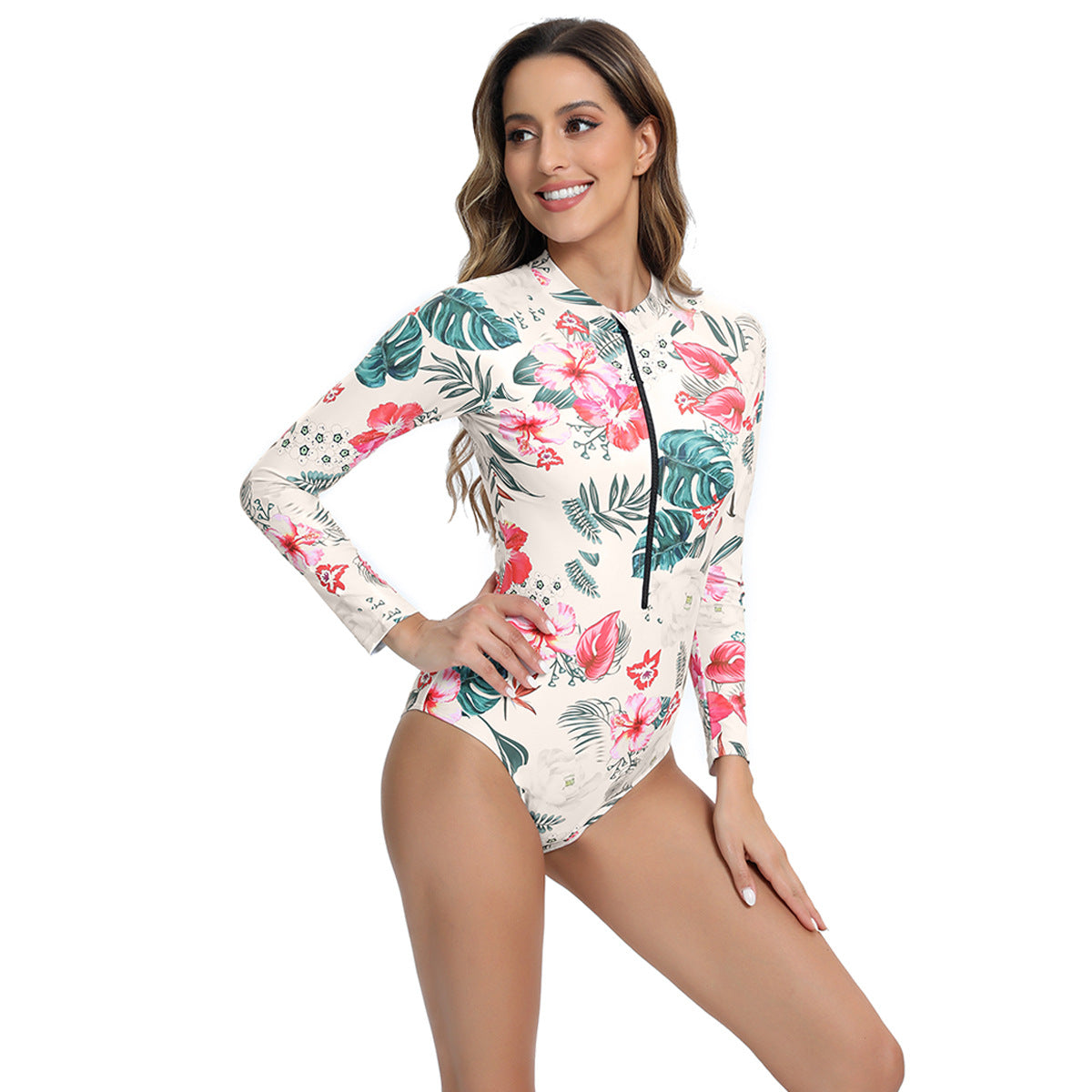 Maillot de bain à manches longues pour femme Berg-feldt, motif floral et fermeture éclair