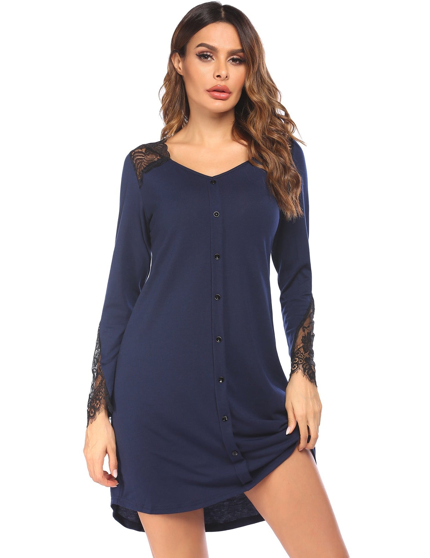Chemise de nuit longue à manches longues et dentelle pour femme, par Fudus