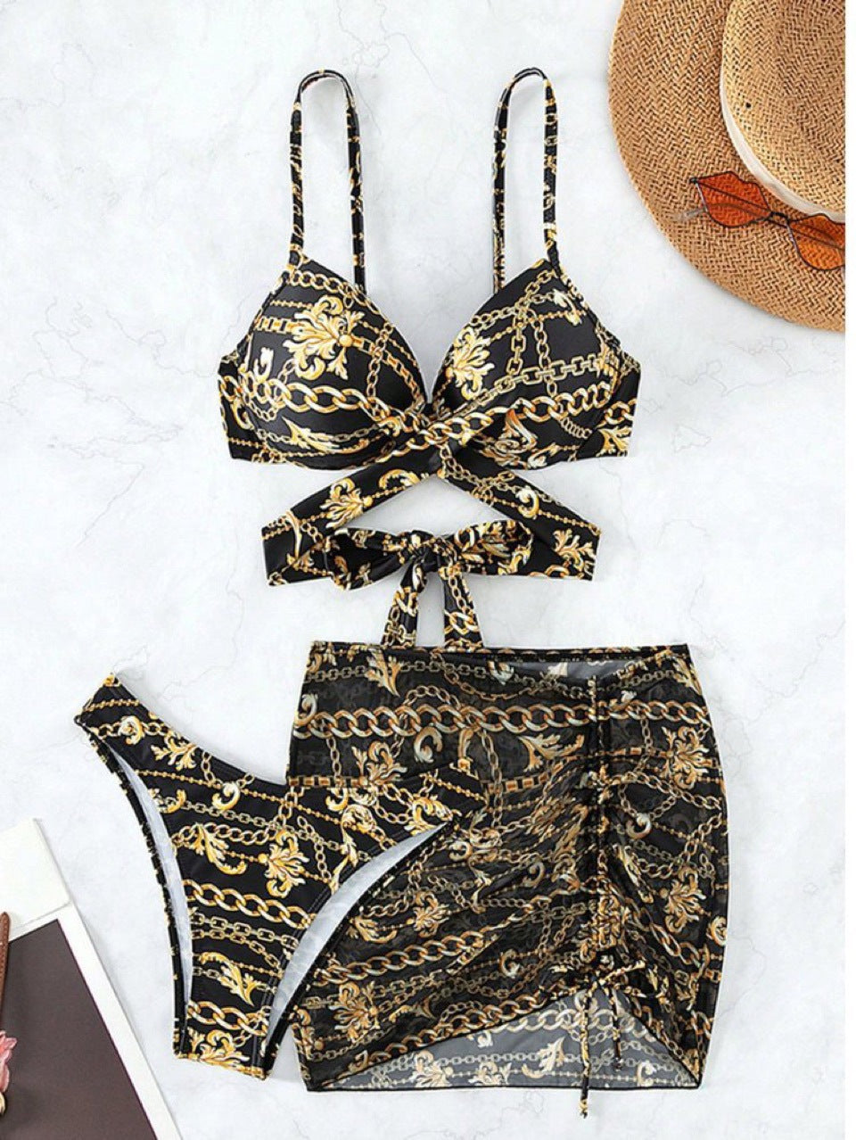 Maillot de bain deux pièces de luxe pour femme avec haut enveloppant réglable et motif en chaîne, de berg-feldt