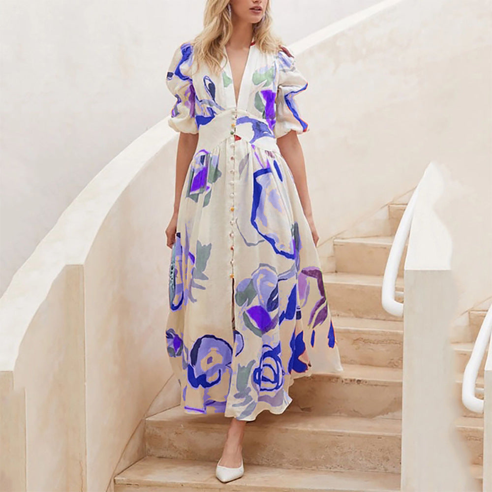 Berg-Feldt Robe longue pour femme avec manches bouffantes et motif floral