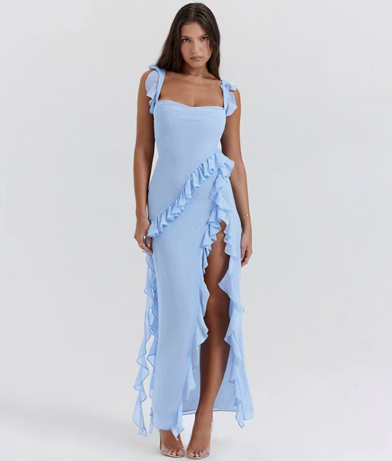 Robe longue Berg-Feldt avec volants séduisants et fente haute