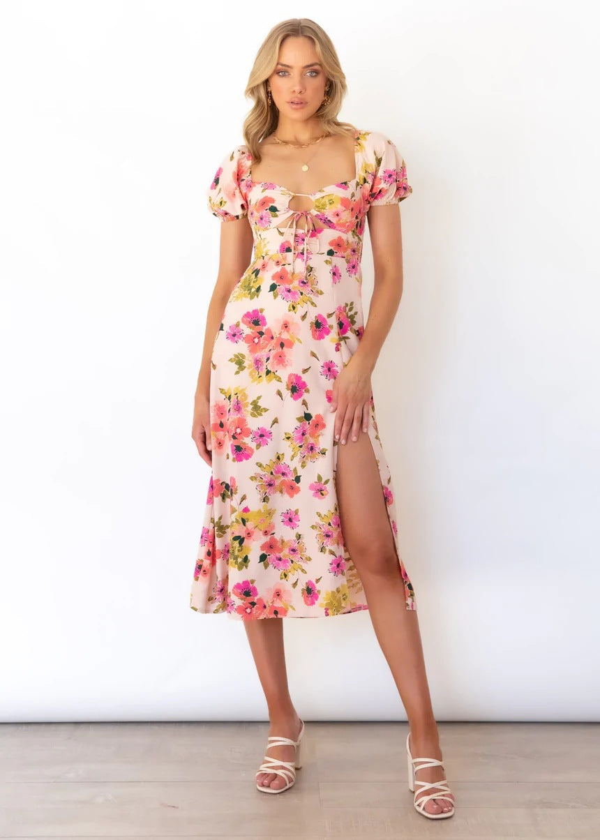 Berg-Feldt Robe midi trapèze pour femme avec encolure en trou de serrure et manches bouffantes