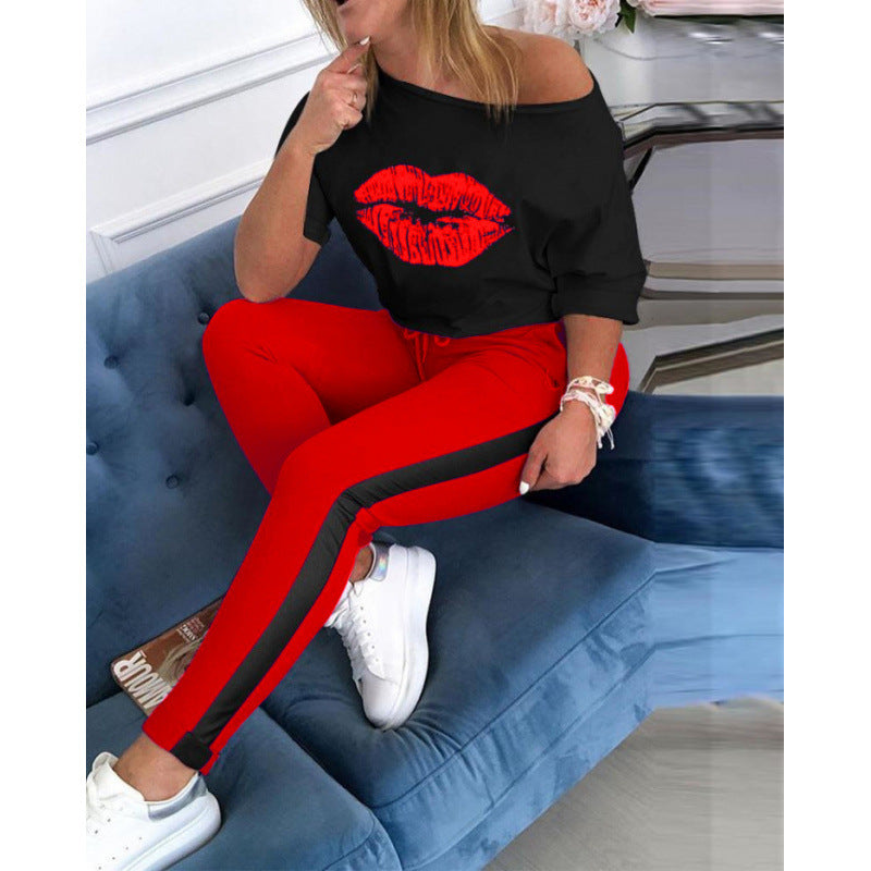 Ensemble haut et pantalon décontracté pour femme Berg-Feldt avec imprimé graphique lèvres