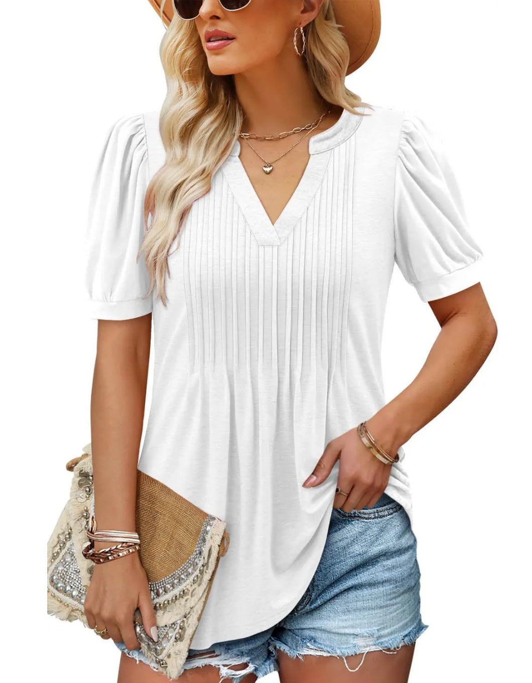 T-shirt léger à manches bouffantes et fronces, col en V, pour femme berg-feldt