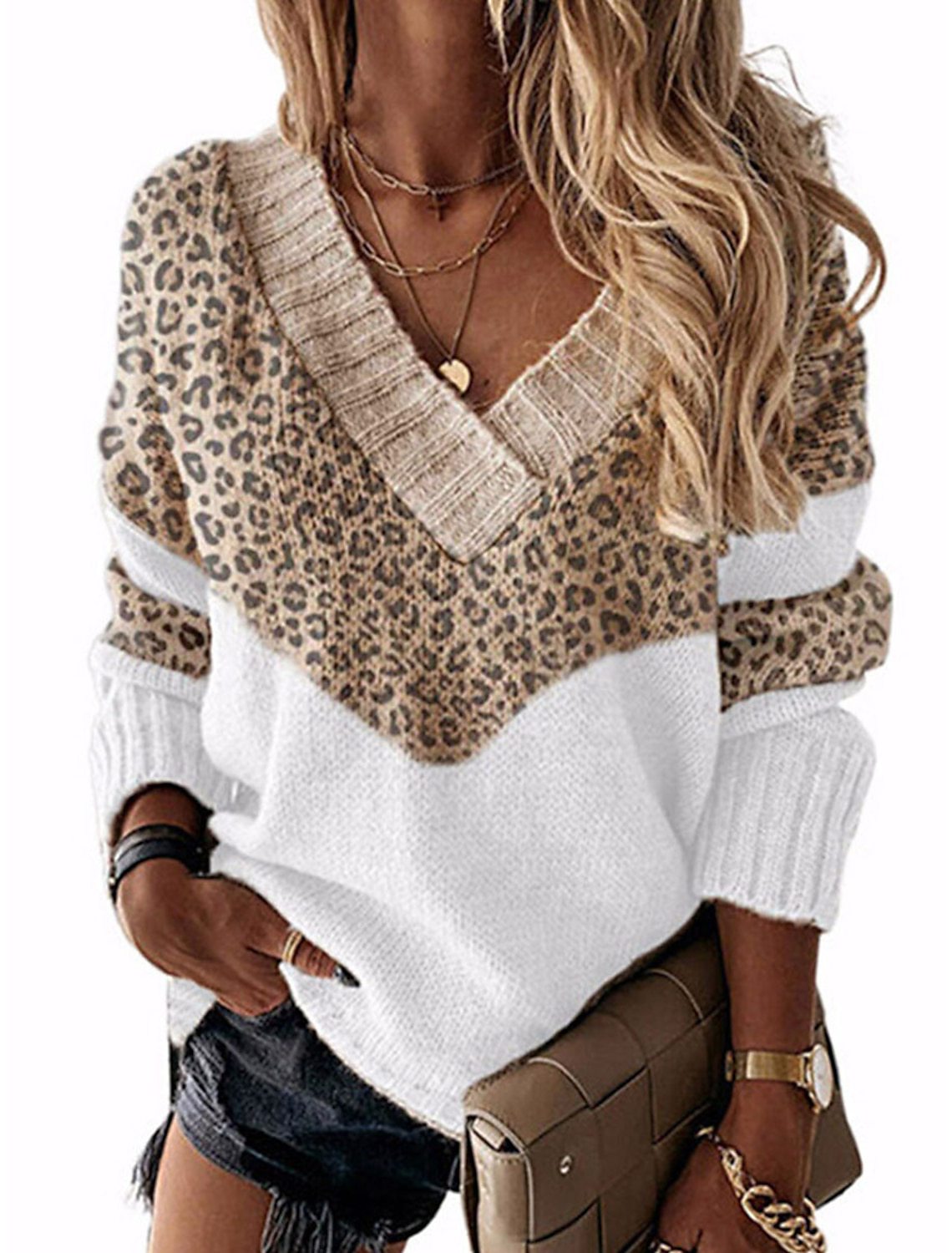 Damenmode Pullover en V à motif léopard Berg-Feldt