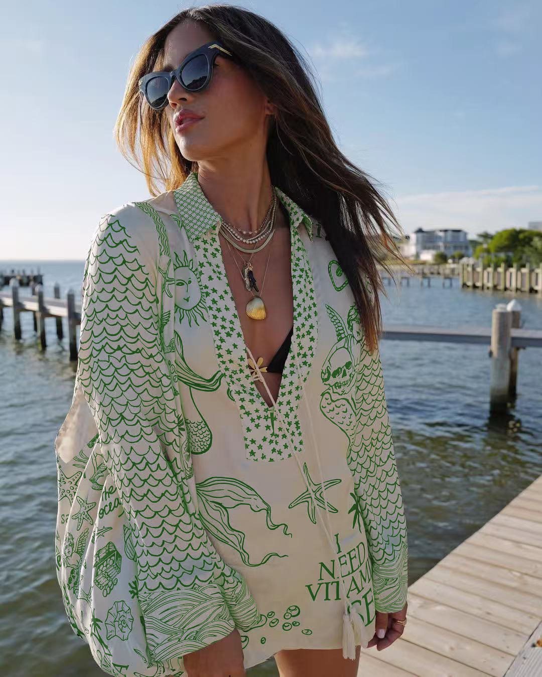 Chemise de plage légère pour femme de berg-feldt, motif marin, décolleté plongeant