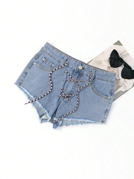 Short en jean pour femme Berg-Feldt avec lacets et franges