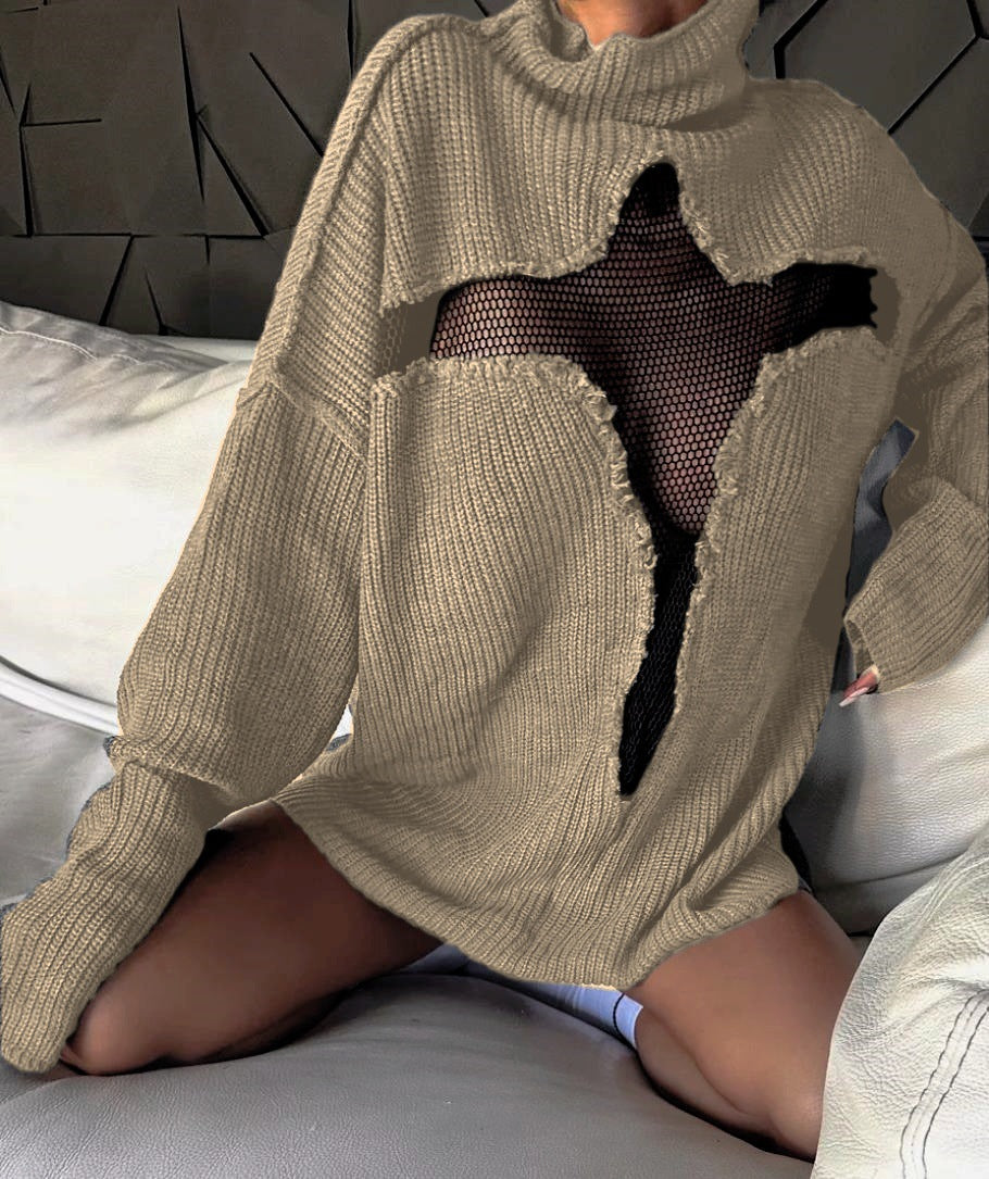 Damen Oversized Strickpullover mit aufregendem Mesh-Einsatz und unkonventionellem Design Berg-Feldt