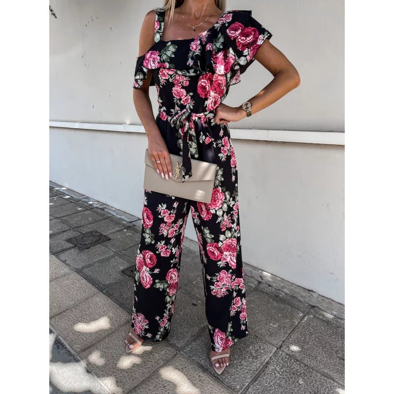 Combinaison Berg-Feldt pour femme à fleurs avec fronces sur une épaule