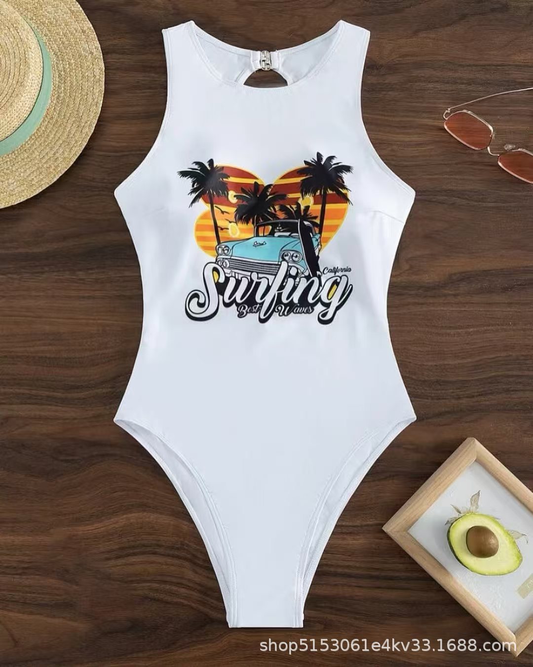 Moderner Damen Surf-Badeanzug mit Grafikprint und Reißverschluss von berg-feldt
