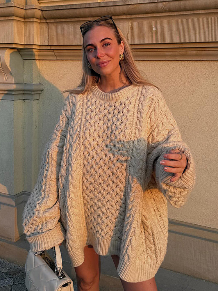 Damen Oversized Strickpullover mit Zopfmuster Berg-Feldt