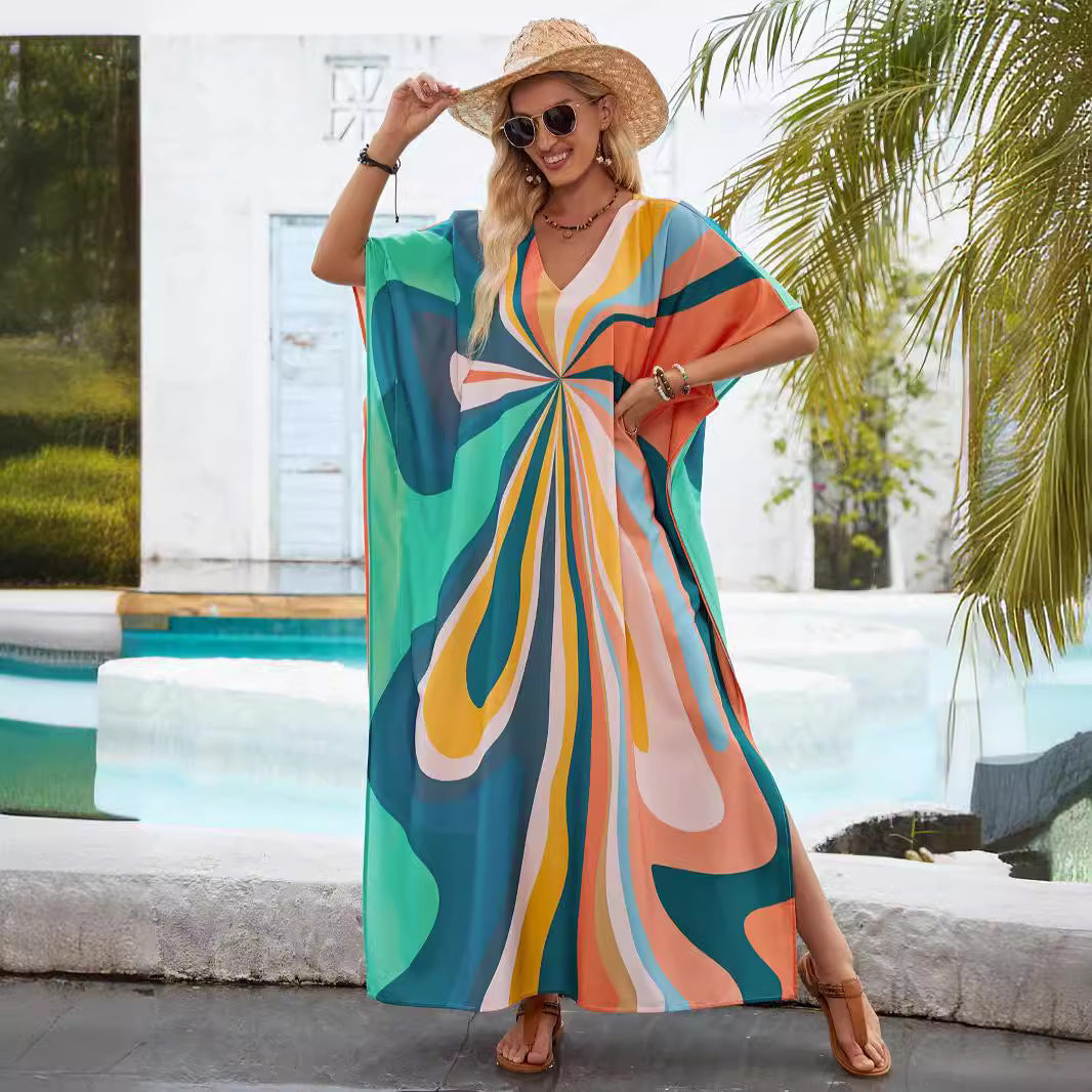 Maxikleid für Damen im Boho-Stil mit abstraktem Print und fließenden Ärmeln von berg-feldt
 - berg-feldt