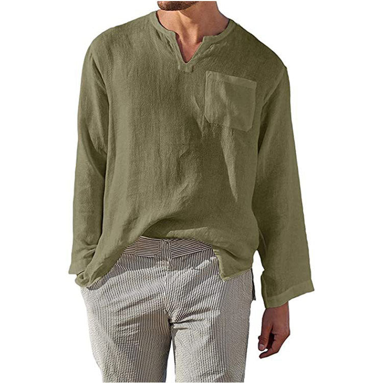 T-shirt homme en lin à manches longues, col Henley et poche poitrine Berg-Feldt