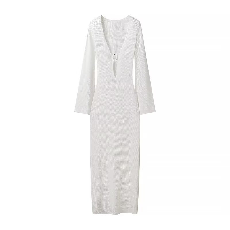 Robe mi-longue à manches longues pour femmes avec col en V et anneau décoratif de berg-feldt