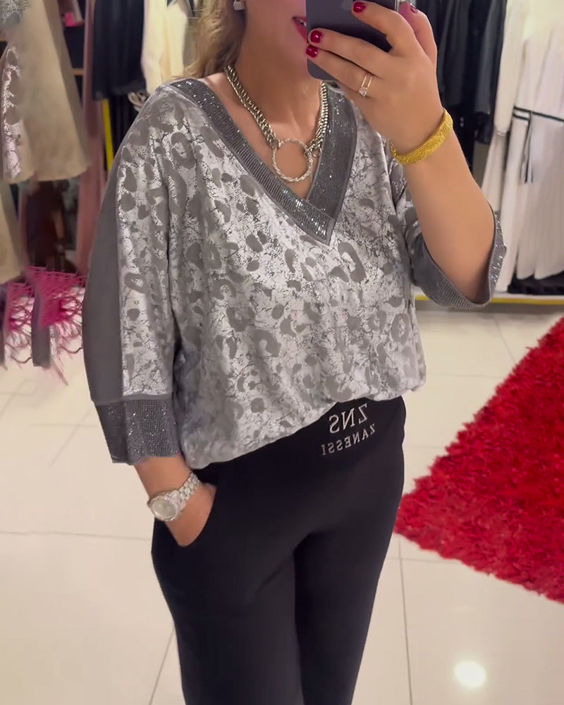 Blouse berg-feldt pour femme, col en V, à paillettes, motif floral