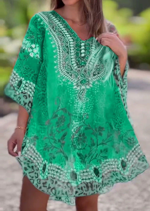 Robe de plage femme décontractée en coton et lin, col en V et imprimé montagne-campagne élégant