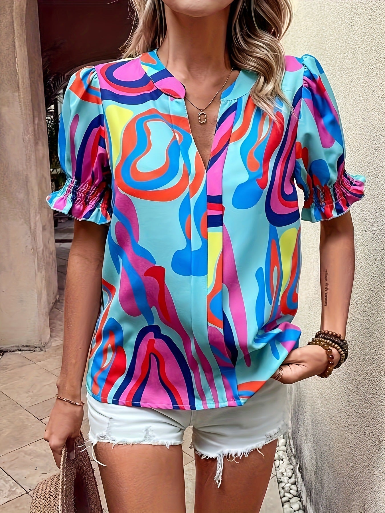 Berg-Feldt Blouse à manches courtes pour femme avec imprimé abstrait et coloré