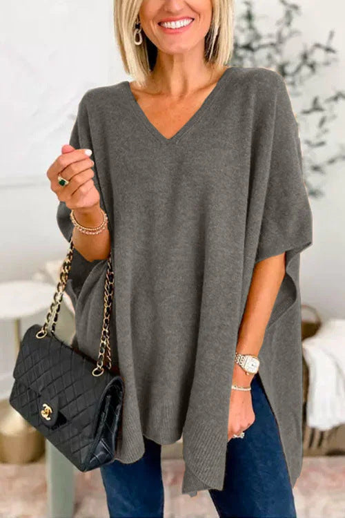 Poncho décontracté en tricot pour femme avec col en V et manches tombantes Berg-Feldt