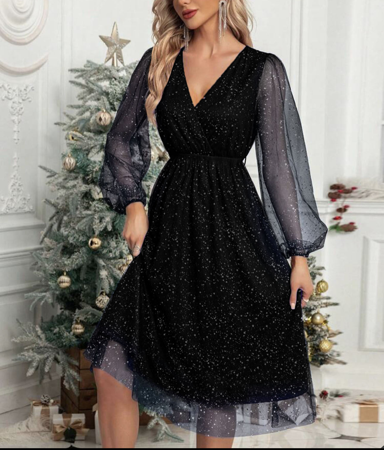 Robe midi glamour pour femme avec manches bouffantes transparentes et motif pailleté scintillant Berg-Feldt