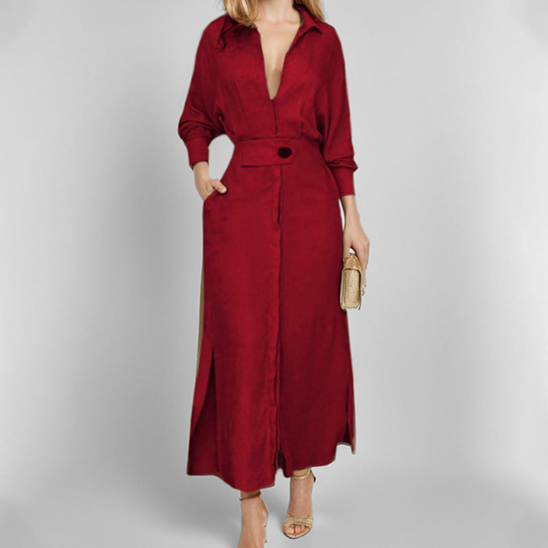 Elegantes Maxikleid mit tiefem V-Ausschnitt, Gürtel und lässigem Schnitt von berg-feldt