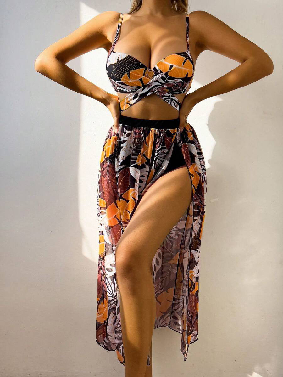 Maillot de bain deux pièces pour femme Berg-Feldt avec imprimé tropical et paréo transparent