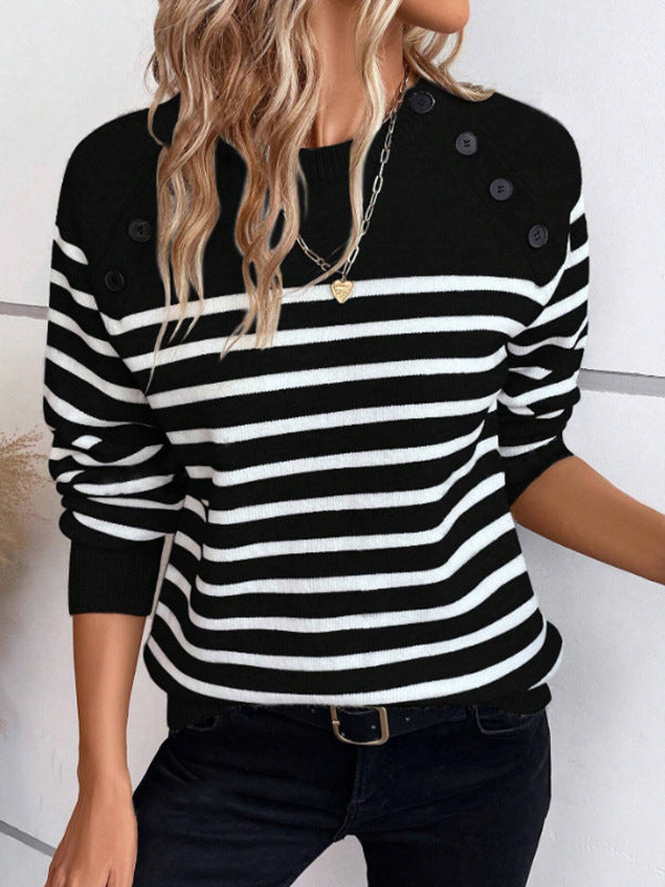 Pull rayé pour femme avec détails de boutons décoratifs et col rond Berg-Feldt