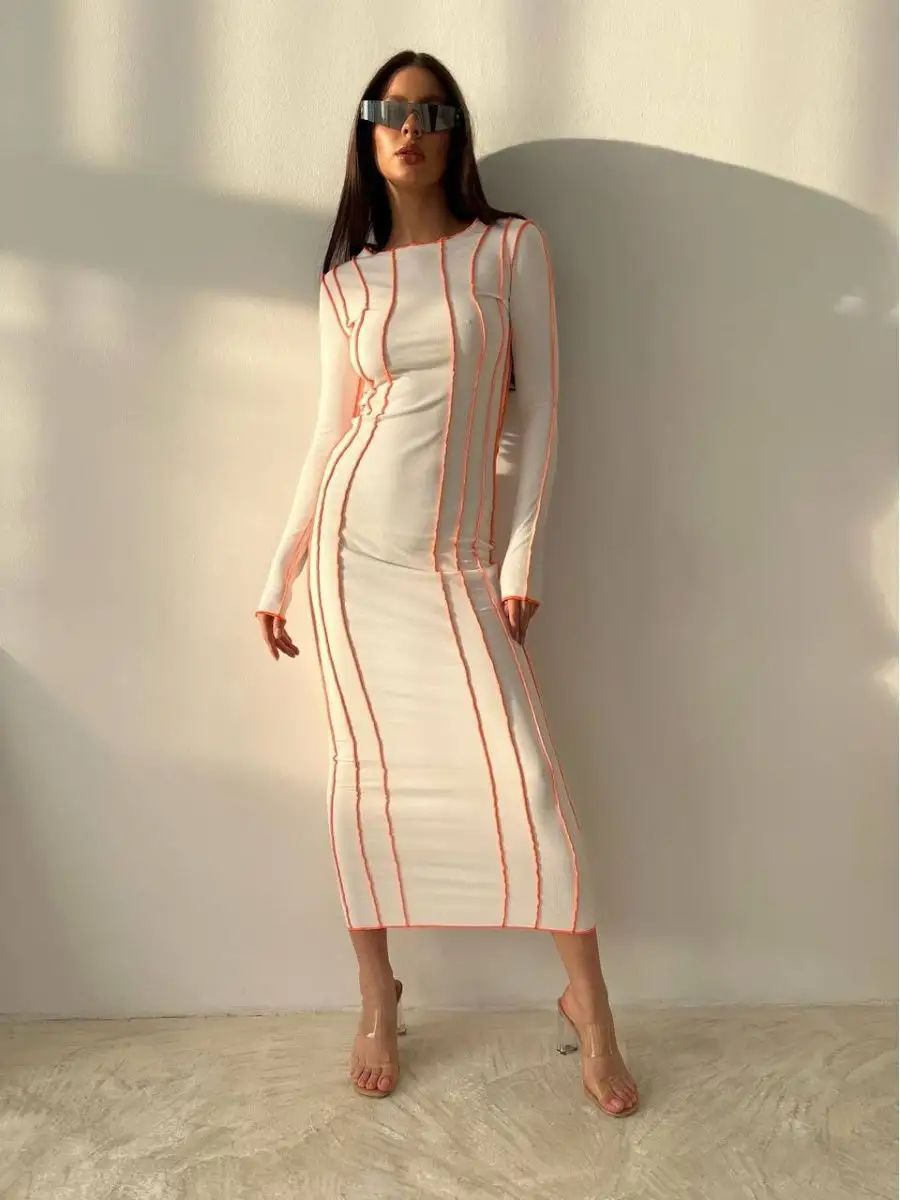 Modernes, figurbetontes Midikleid mit langen Ärmeln und Streifen von berg-feldt