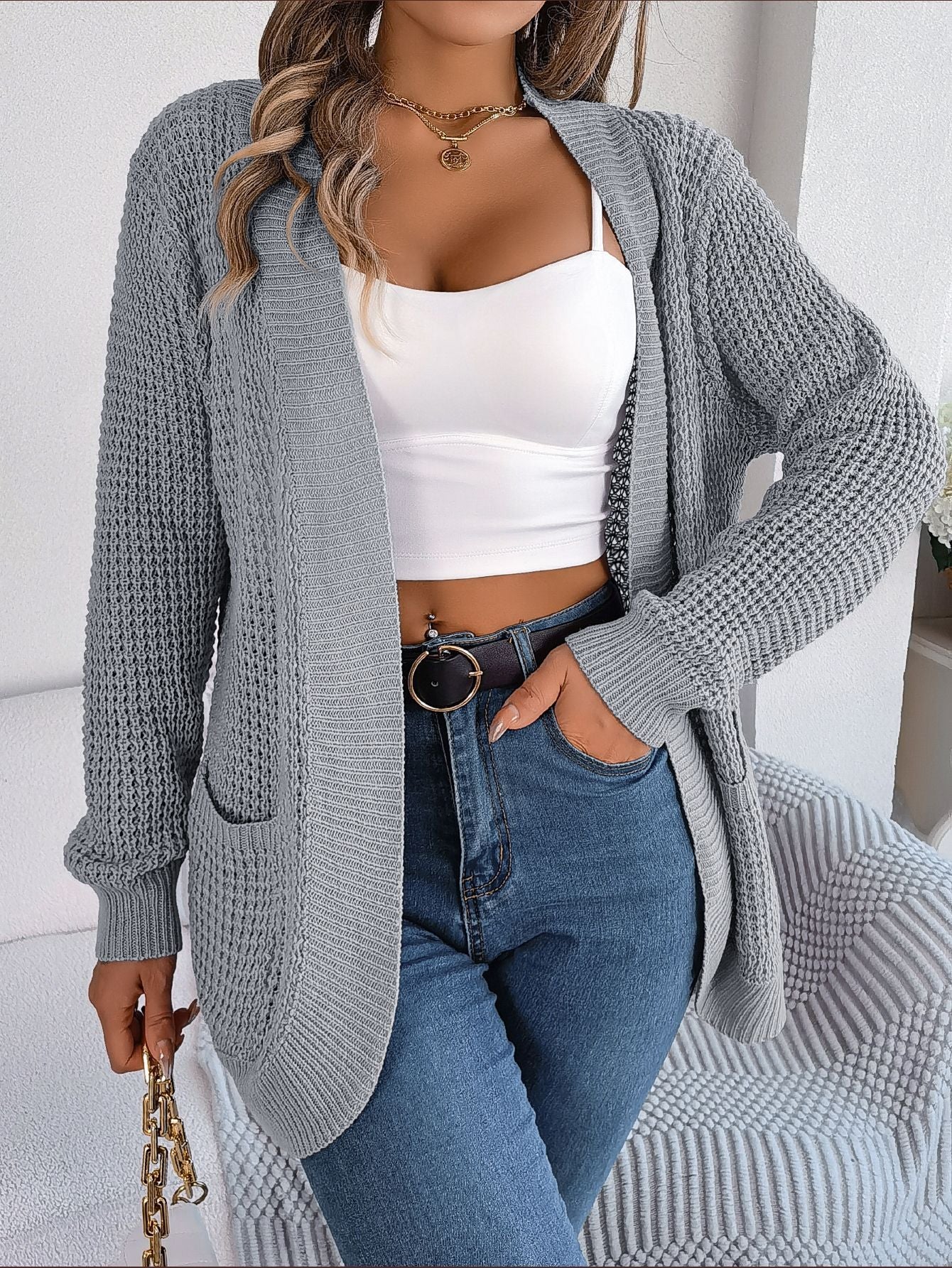 Cardigan léger pour femme à motif ajouré au crochet avec poches de berg-feldt