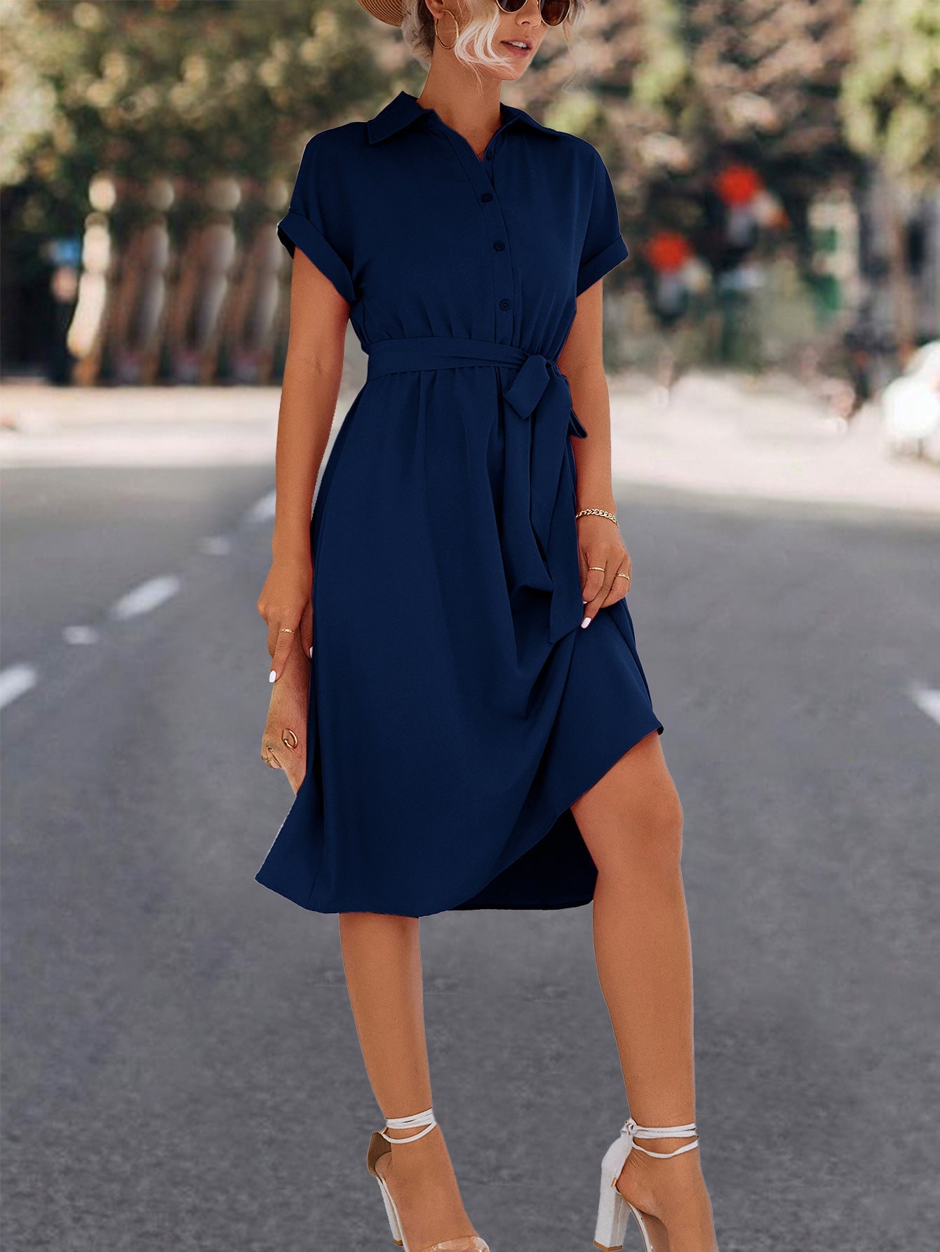 Women's Knee-Length Shirt Dress with Waist Belt and Elegant V-Neck Berg-Feldt