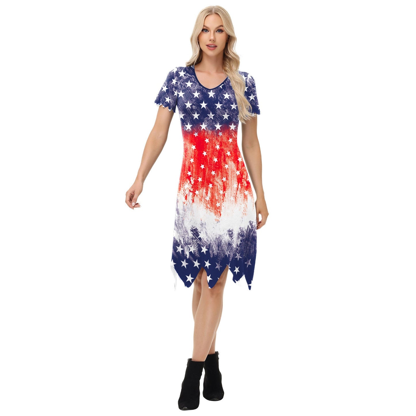 Lässiges Damen-T-Shirt-Kleid mit asymmetrischem Saum und US-Flaggenmuster von berg-feldt
