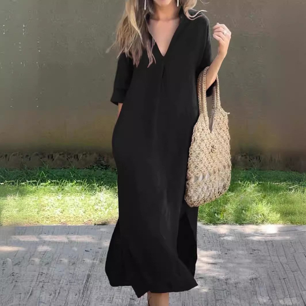 Robe longue décontractée à col en V et fentes latérales pour femme berg-feldt
