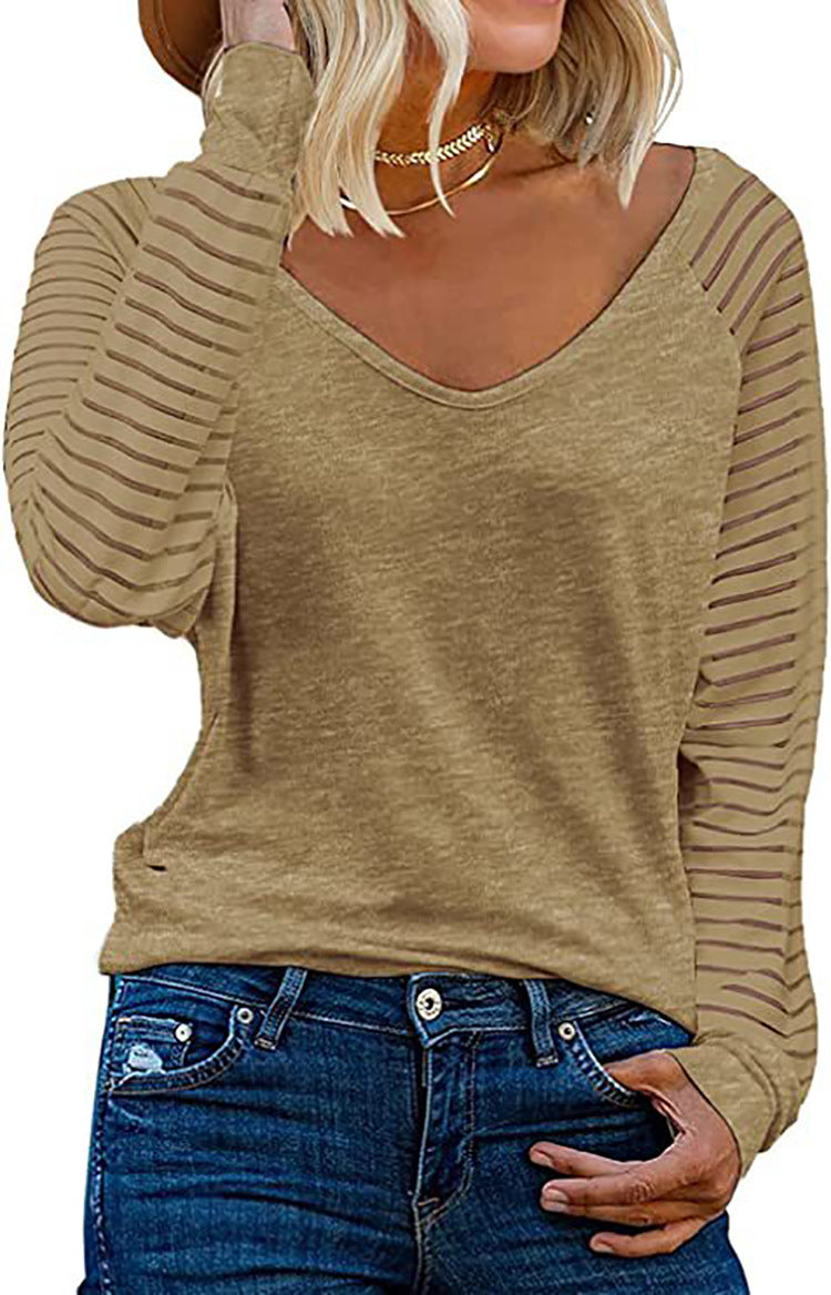 T-shirt à manches longues et col en V pour femme avec manches rayées Berg-Feldt