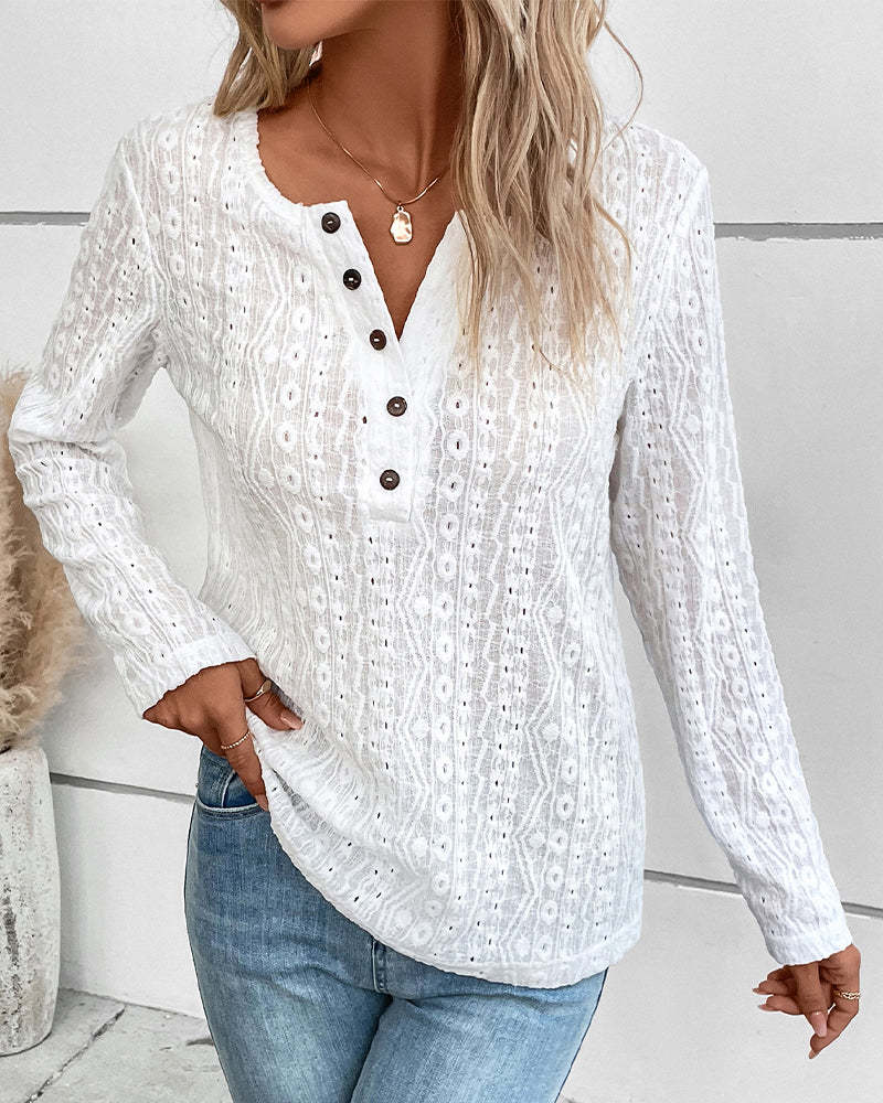 T-shirt à manches longues pour femme Berg-Feldt avec motif perforé et boutons
