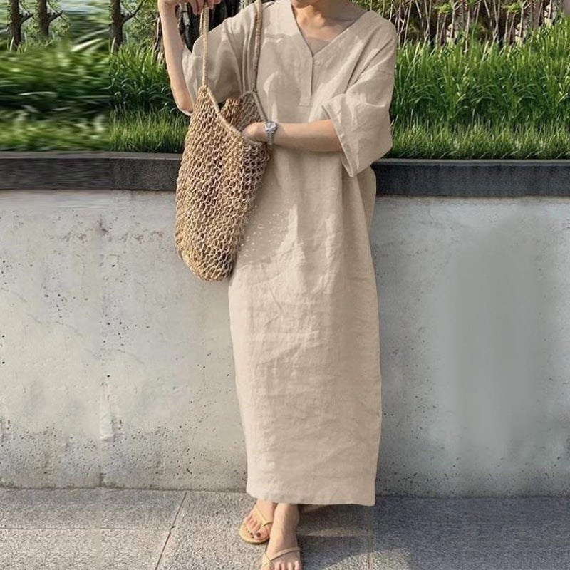 Robe en coton et lin Fudus à col en V