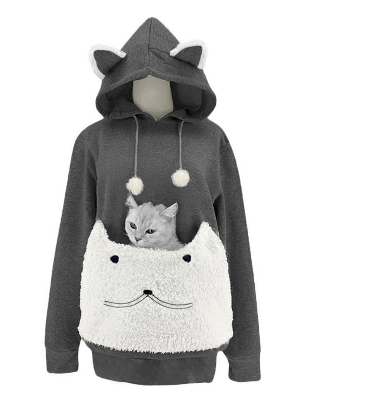 Damen Sweat à capuche douillet avec motif chat et poche kangourou pratique Berg-Feldt