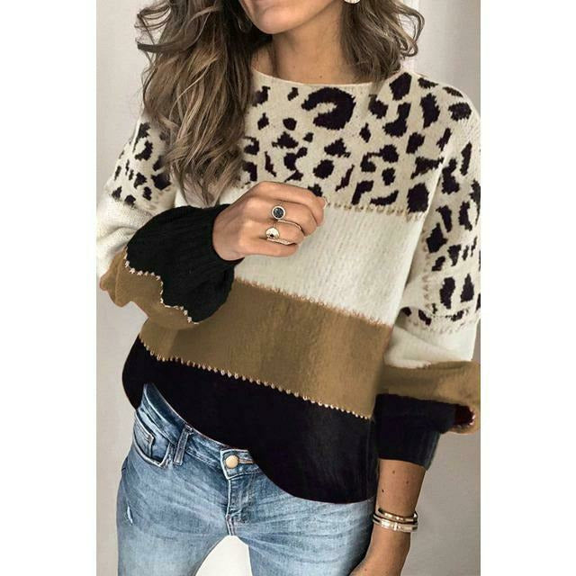 Berg-Feldt | Pullover - Damen Herbst Leopard Patchwork Strickpullover
