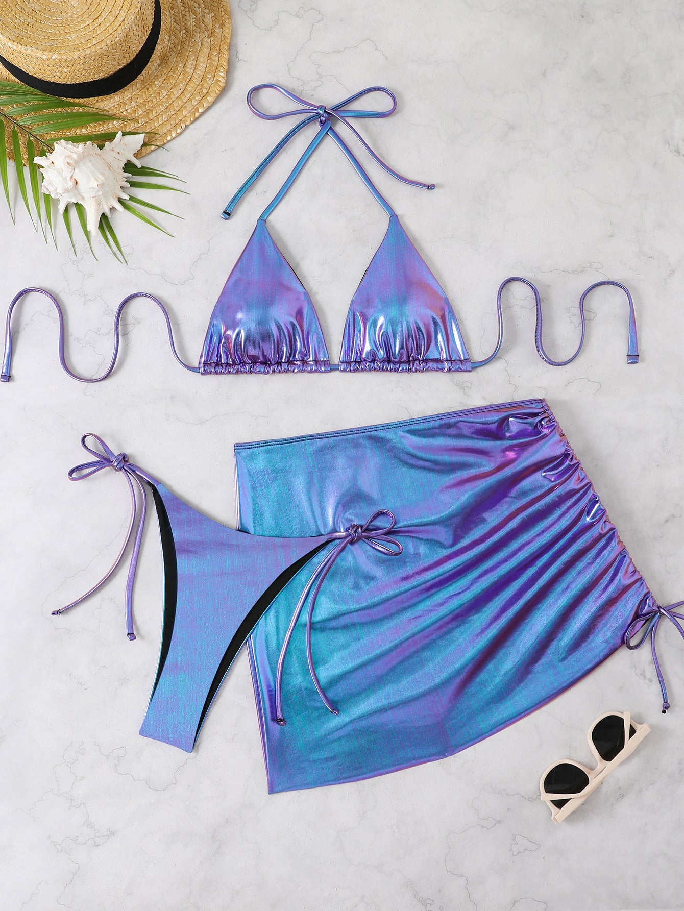 Ensemble bikini avec jupe paréo : bikini triangle scintillant, réglable, par berg-feldt