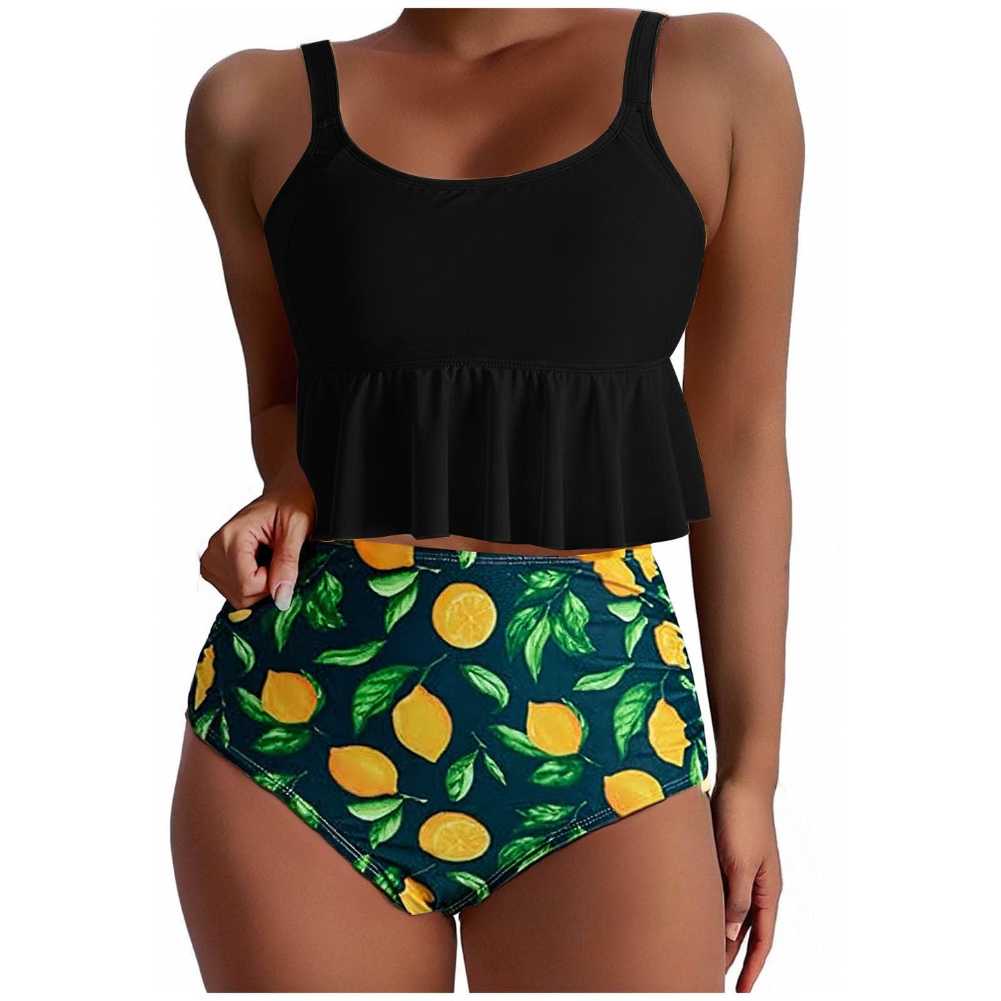 Berg-Feldt Damen Badeanzug Set mit hohem Bund und Zitronenprint