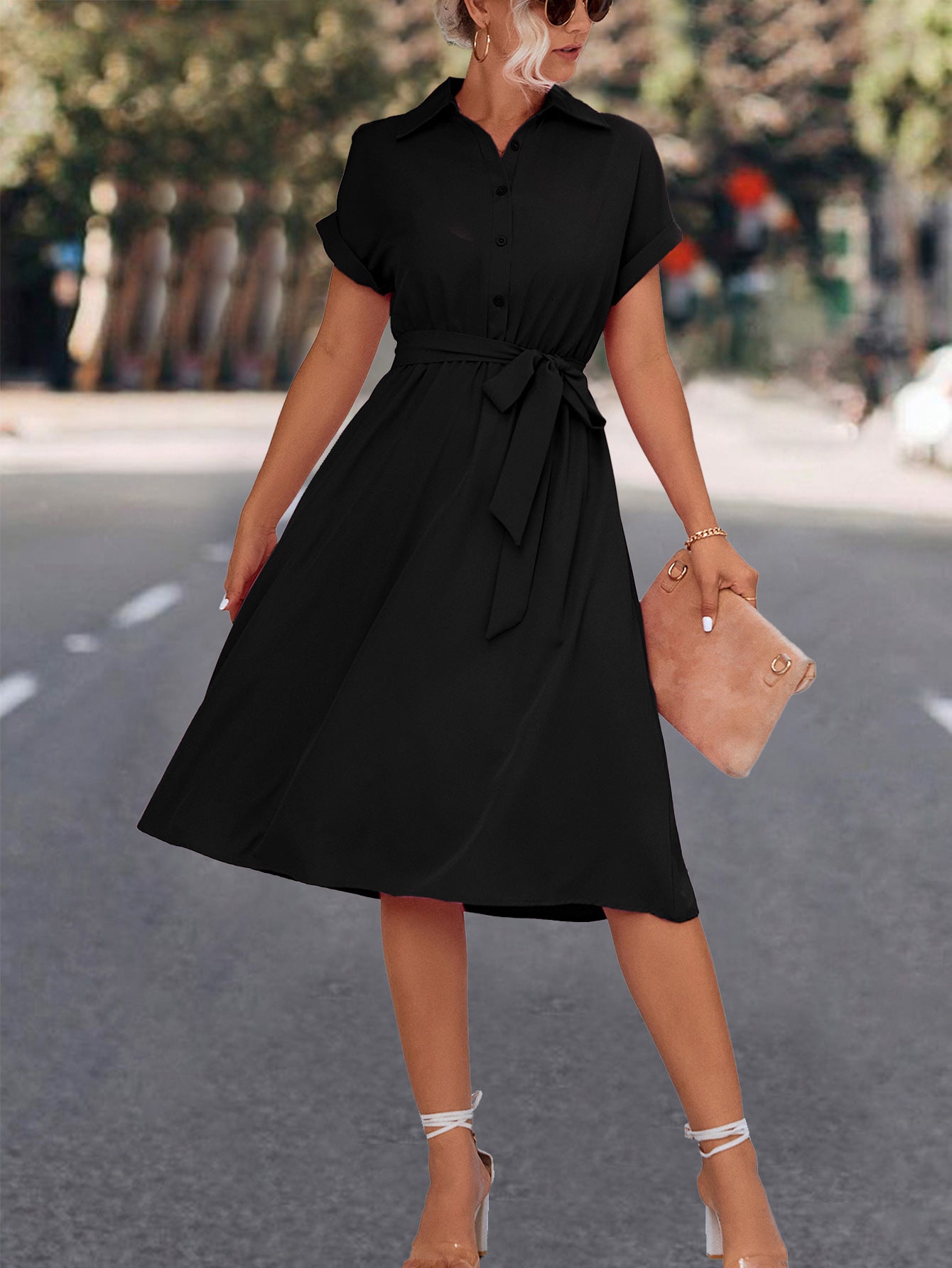 Women's Knee-Length Shirt Dress with Waist Belt and Elegant V-Neck Berg-Feldt