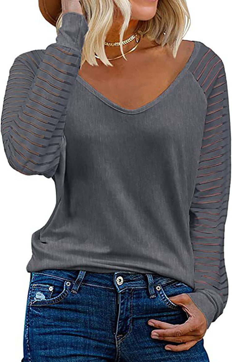 T-shirt à manches longues et col en V pour femme avec manches rayées Berg-Feldt