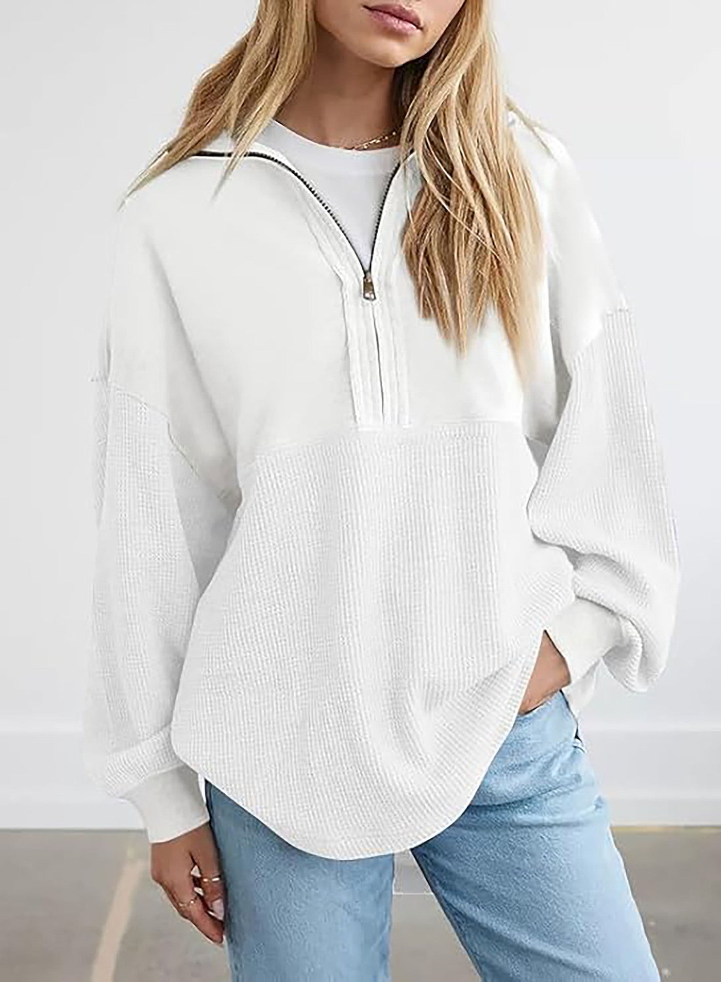 Damen-Sweatshirt décontracté à capuche mi-zippée avec texture Fieldt