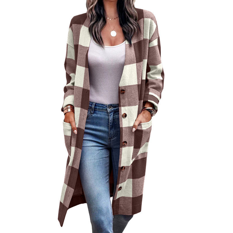 Gilet cardigan long à carreaux pour femme avec poches Berg-Feldt