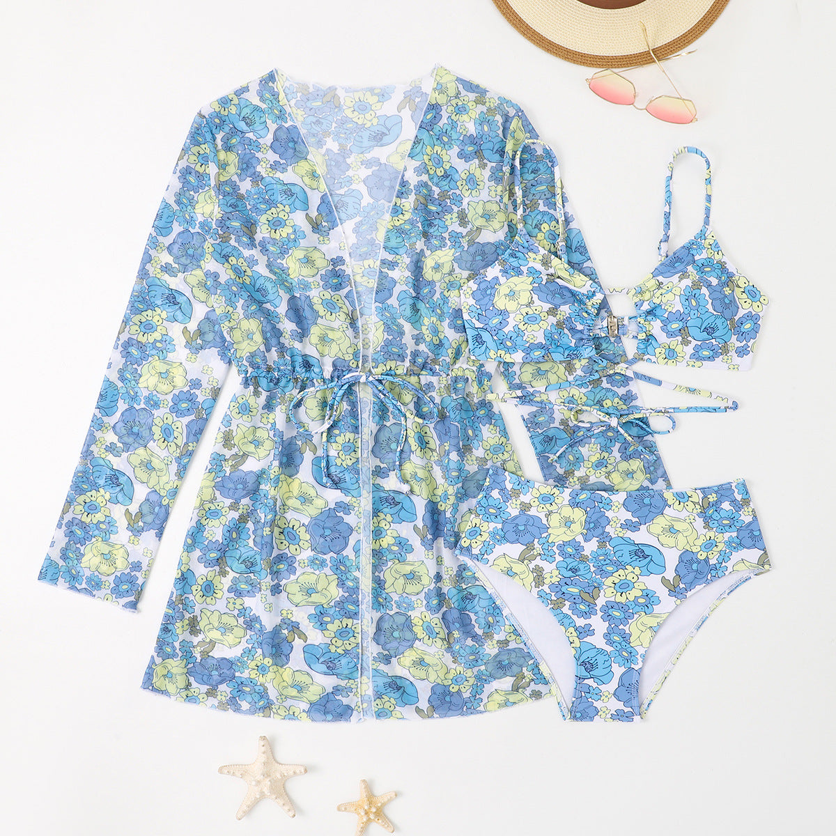 Ensemble bikini pour femme berg-feldt avec kimono transparent à motif floral