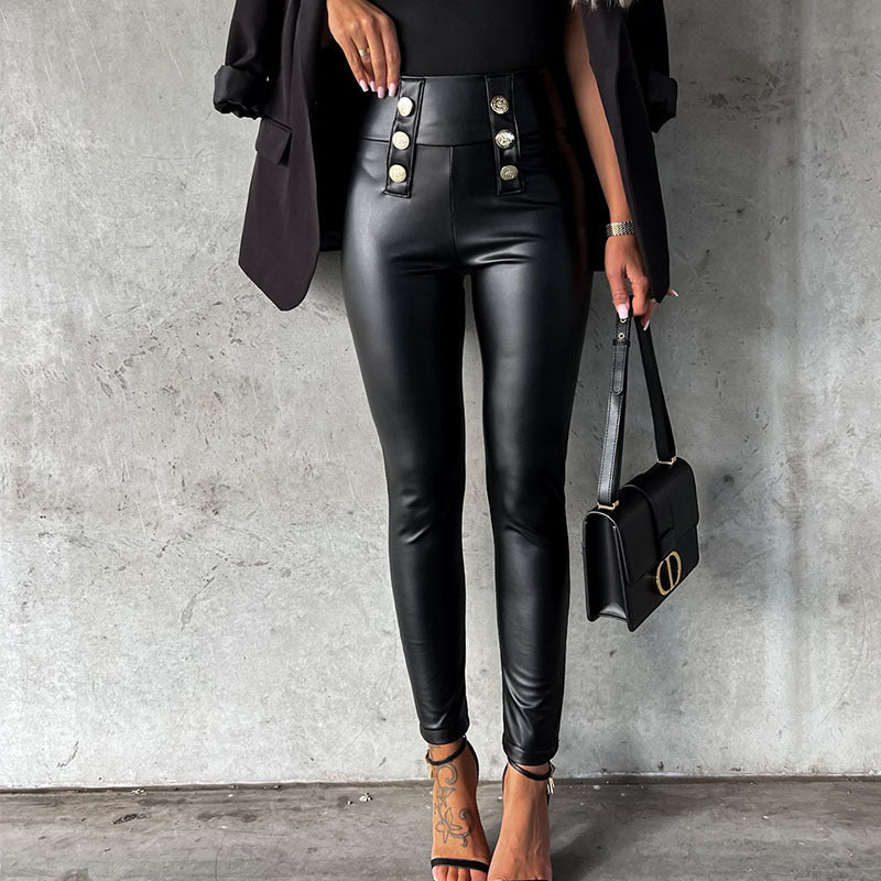 Legging femme imitation cuir brillant avec boutons décoratifs Berg-Feldt