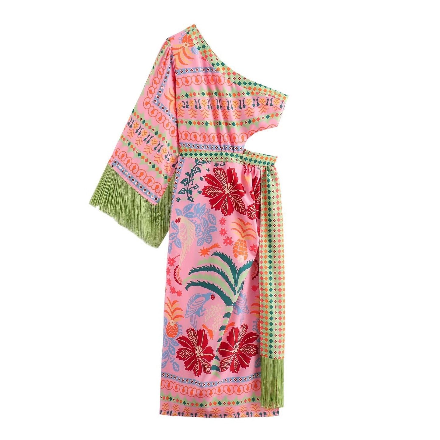 Maxikleid für Damen, einseitig geschulterter Schnitt, mit Blumenmuster und Fransen von berg-feldt